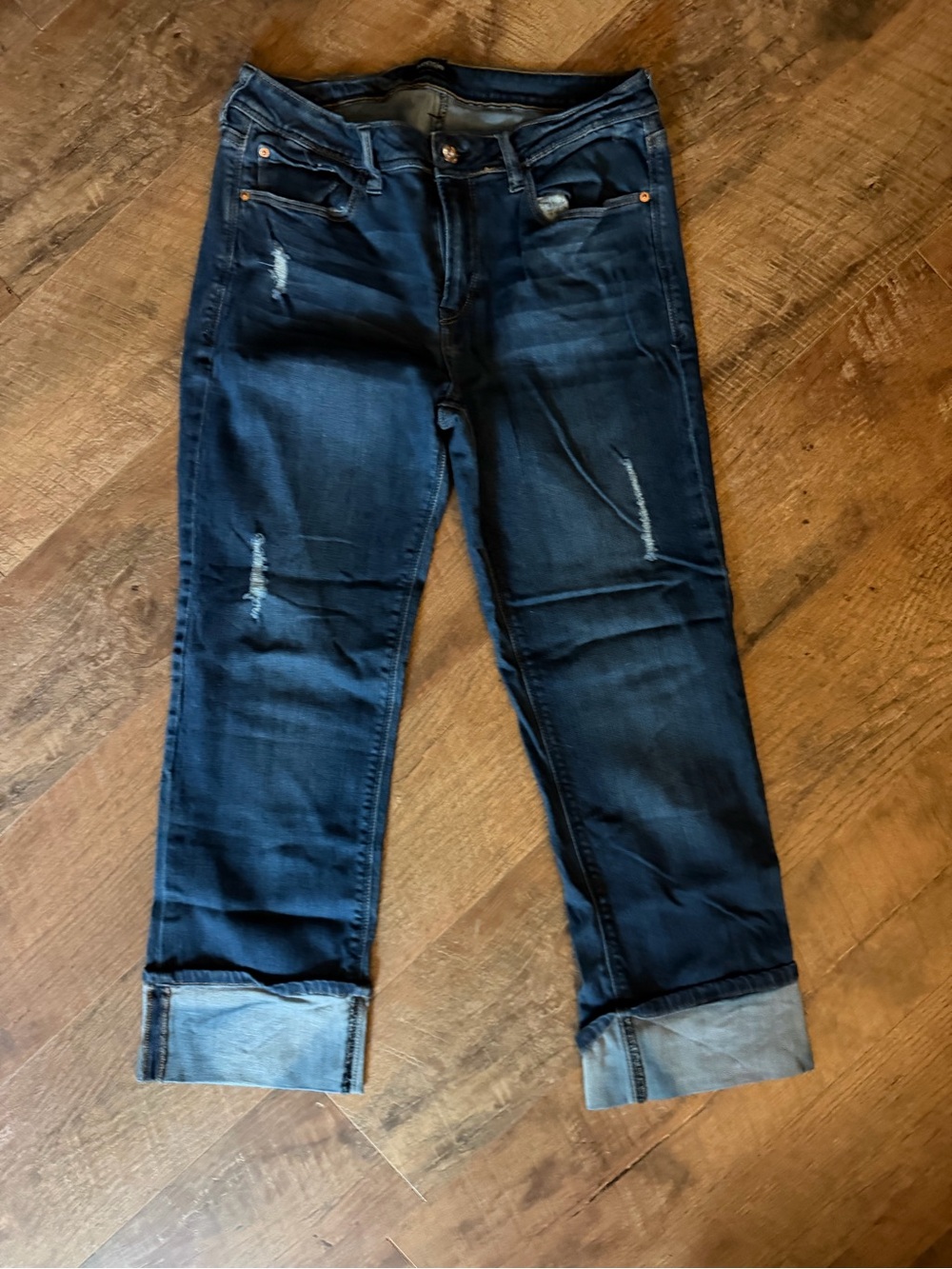 Kensie Men's Dark Blue Slim Stretch Jeans with Distressed Details Cuffed